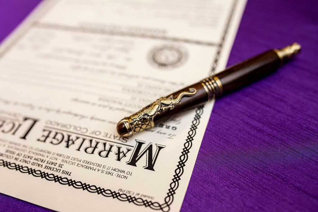 marriage license on purple linen