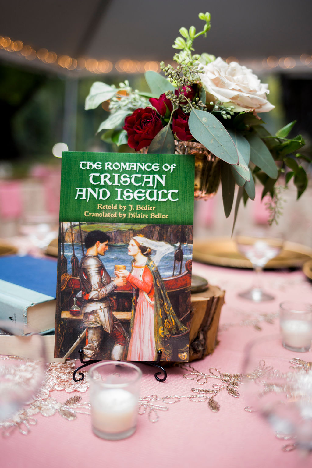 vintage love story book themed wedding with books as centerpieces and decor